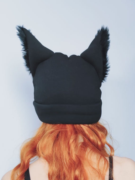 Women's Cat Beanie Crochet Hats with Ears Knitted Black Cat