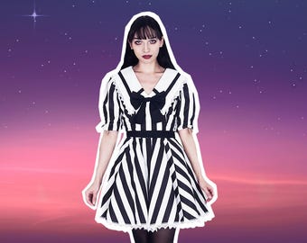 Beetle Stripped Dress - black and white, goth, cotton dress with pocket