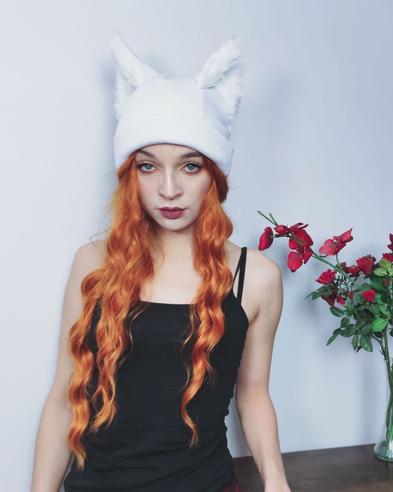 Winter white fox beanie with ears