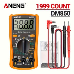May include: An orange and black digital multimeter with the text "ANENG" and "DM850". The device has a digital display and a rotary dial. Included are red, black, and black test leads and a manual.