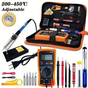 Könnte beinhalten: Ein orange-schwarzes Elektronik-Reparatur-Set mit einem digitalen Multimeter, einem Lötkolben und verschiedenen Werkzeugen. Das Set enthält eine Tragetasche, Lötkolbenspitzen und einen Abisolierer. Die Temperatur ist von 200-450°C einstellbar.