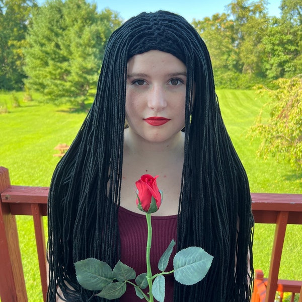 Black wig, black hair, Morticia Addams wig,  witch wig, hippie wig, gothic wig, middle part, side part, bangs, any color or length, Cher