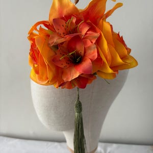 Pin Up Rockabilly Double Rose and Lily Hair Flower In Orange