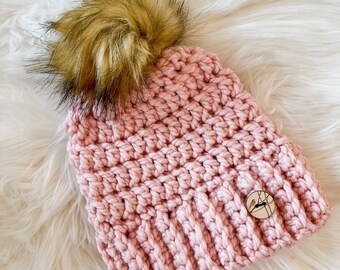 Women’s Adult Pink Coloured Crochet Toque With Faux Fur Pom Pom