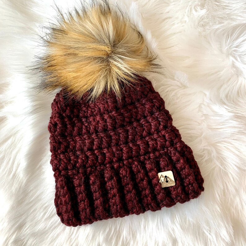 Women's Adult Burgundy Coloured Crochet Toque with Faux Fur Pom Pom image 2