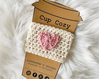 Large Heart Reusable Cup Cozy - Cream With Pink Heart