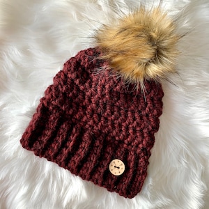 Women's Adult Burgundy Coloured Crochet Toque with Faux Fur Pom Pom image 1