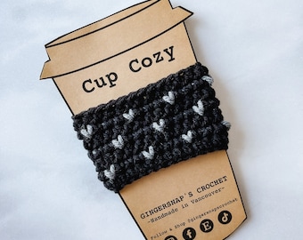 Small Heart Reusable Cup Cozy Coffee Sleeve - Black and Grey