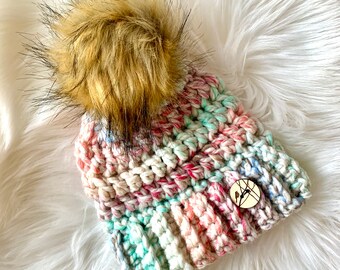 Toddler Children's Kids' Toque Handmade Crochet Winter Hat Beanie with Faux Fur Pom Pom
