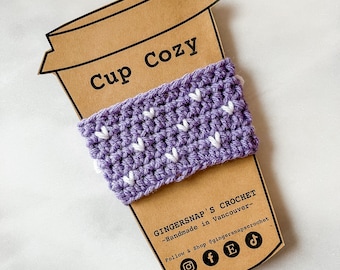 Small Heart Cup Cozy, Coffee Cozy, Coffee Sleeve - Purple and White