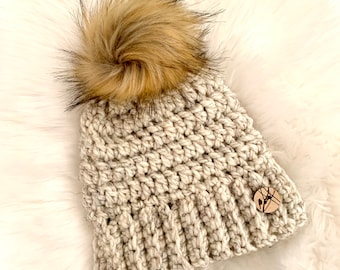 Women’s Adult Wheat Coloured Crochet Toque With Faux Fur Pom Pom