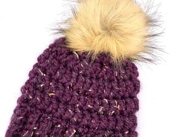 Child Size Kids' Children's Crochet Toque Winter Hat Beanie With Faux Fur Pom Pom