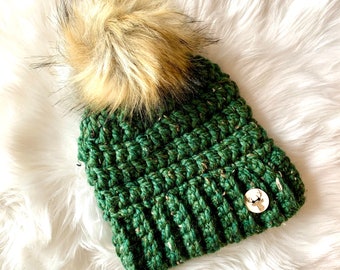 Women’s Adult Green Coloured Crochet Toque With Faux Fur Pom Pom