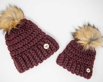 Mommy and Me Toque Beanie Winter Hat With Faux Fur Pom Pom Matching Set