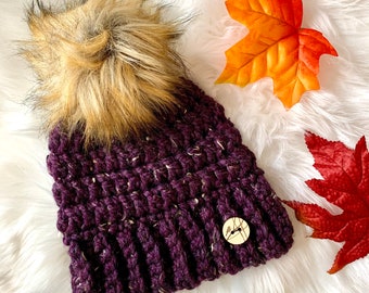 Women’s Adult Plum Coloured Crochet Toque With Faux Fur Pom Pom