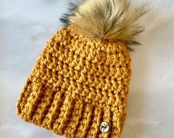 Women's Adult Mustard Coloured Adult Toque With Faux Fur Pom Pom