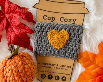 Large Heart Crochet Cup Cozy - Grey with Mustard Heart