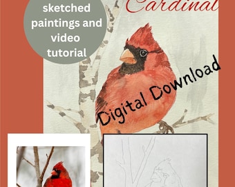 Watercolor Lesson Birds digital, Cardinal watercolor lesson, DIY painting lesson, how to paint a Cardinal watercolor lesson, watercolor gift
