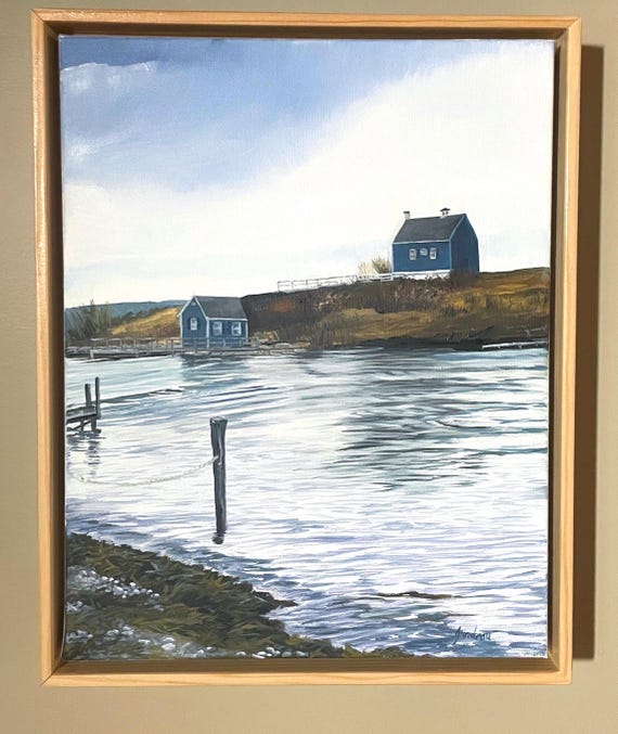 海岸風景画、オリジナル額入りアート、ニューイングランドの海景、家と 