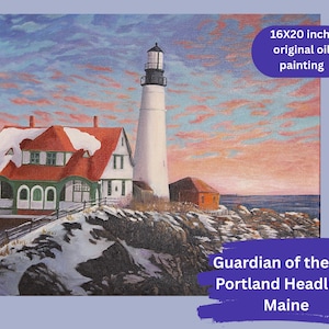 Wall art lighthouse ocean Maine landscape, Guardian of the Sea, Portland Maine Headlight. Maine coastal painting, Lighthouse painting gift