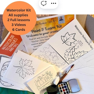 Painting kit with tutorial lessons fall tree, watercolor lesson for adults, watercolor kit for learning, learn how to paint watercolor kit