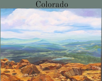 Mountains landscape oil painting, View from Pikes Peak Mountain, Colorado landscape oil painting, rustic wall art for country home, cabin
