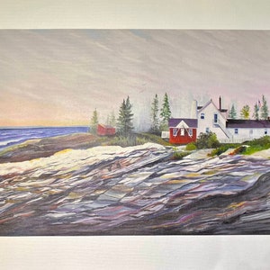 Wall art lighthouse rocky coast ocean art Maine Lighthouse painting original Maine art. Ocean landscape print