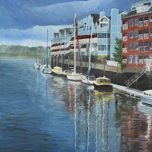 ocean painting coastal wall art, nautical decor, seaside landscape print, coastal home art, Wall art ocean, coastal storm, boats in harbor
