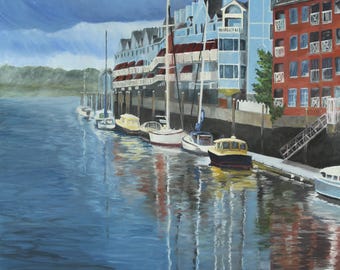 ポートランドメイン州の海岸の絵画版画、オールドポートの港の風景