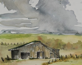 Rustic Barn Watercolor Painting, Maine Landscape Art (12x18)