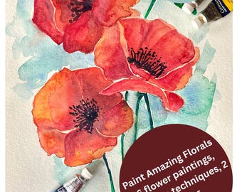 Painting tutorial digital download, DIY watercolor flower painting, watercolor lessons for adults or teens, learn to paint flowers gift