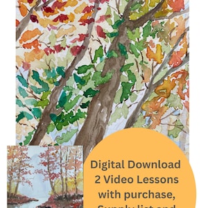 watercolor painting lesson fall trees, autumn trees digital art class, downloadable painting tutorial for beginners and teens, art lesson