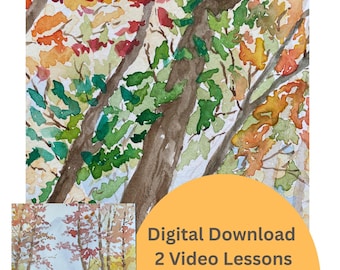 painting lesson fall trees digital, autumn trees digital art class, downloadable painting tutorial for beginners and teens watercolor lesson