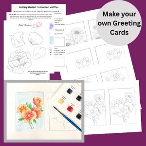 May include: A watercolor painting tutorial with instructions and tips. The image shows a watercolor palette, a paintbrush, and examples of floral paintings. The text says "Make your own Greeting Cards".
