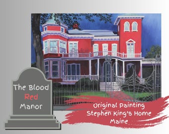 Stephen King wall art, oil painting authors home blood red manor, original painting of famous home in Maine. Stephen Kings home decor