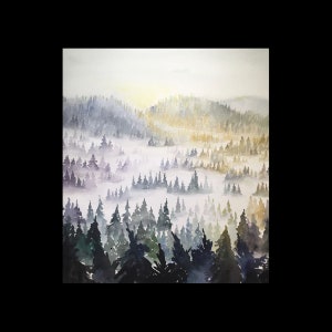 Wall art Forest Fog landscape watercolor painting wall art original watercolor forest in mist, watercolor forest mist painting decor