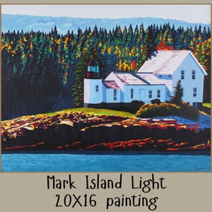 Kustkunst vuurtoren, Mark Island Light Maine kustschildering woondecoratie nautische kunst hotelinrichting kustkunst, vuurtorendecor cadeau