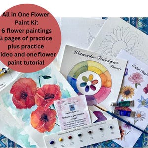 Painting kit, Watercolor flower painting kit for beginners, learn to paint flowers, DIY art gift for adults and teens, all in one paint kit