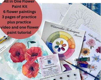 Painting kit, Watercolor flower painting kit for beginners, learn to paint flowers, DIY art gift for adults and teens, all in one paint kit