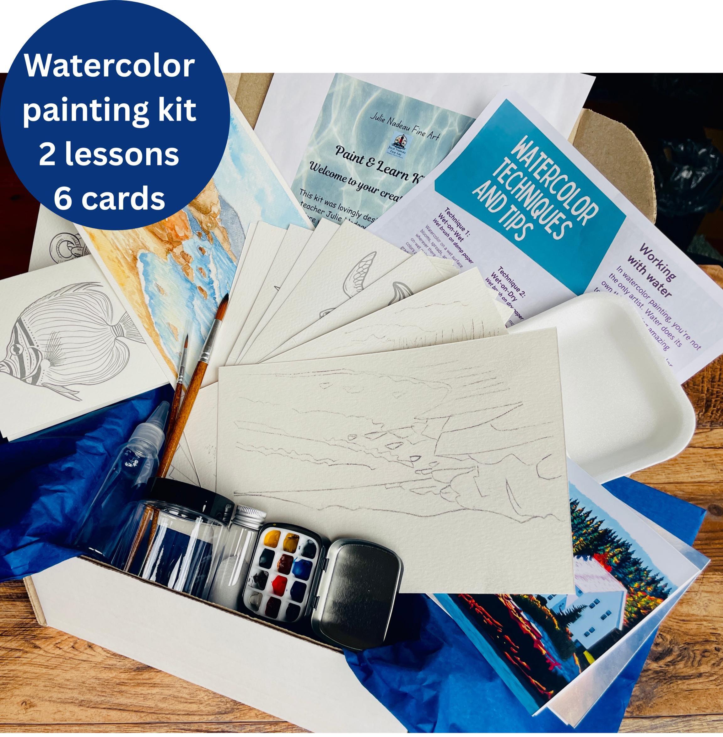 Paint Kit and video tutorial for adults, Beginners Learn to paint ocean scenes, watercolor lesson for teens, learn to paint watercolor