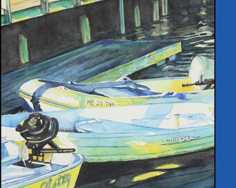 Bar Harbor Maine Watercolor Painting: Coastal Dockside Art