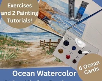 Ocean Seascape Watercolor Painting Kit, Video Lesson & Cards
