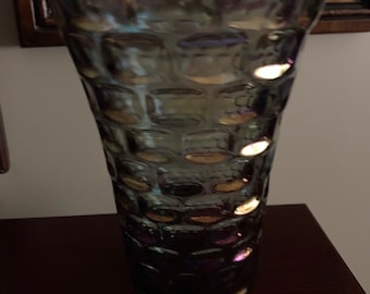 Vintage MCM Federal Yorktown Sundown 8" Flower Vase Blue/Gray/Purple Iridescent Carnival Thumbprint Pattern 1960s EUC