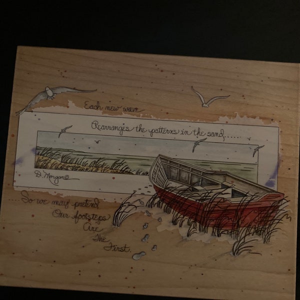 Large wooden Block Stamp #900014 Boat Beach Scene poem by D.Morgan, 5.5"x4.5" Licensed Arts Uniq, Inc, STAMPS HAPPEN, INC. Each New Wave...