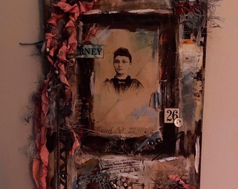 Mixed Media/Collage, Found Vintage Objects "Journey" Clipboard, OOAK ART, 15.5" x 9"