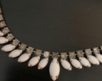 Vintage White Milk Glass & Rhinestone Beads Necklace, Prong Setting, 16&quot; length, Hook Clasp, Unsigned, Juliana/Schreiner? 1960s