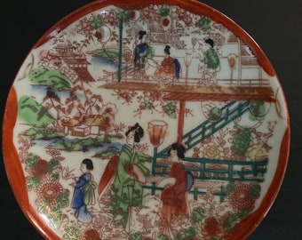 Vintage 2- Hand Painted Geisha Girls Saucers 5.25&quot;, China Porcelain, Detailed Scenery, Japan