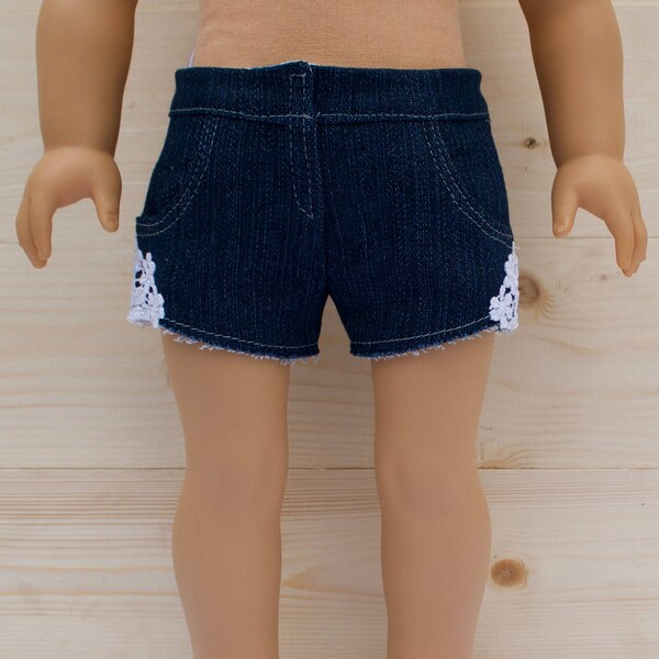 18 inch doll clothes AG dolls clothes Designer denim shorts with lace side detail made to fit like American Girl doll clothes