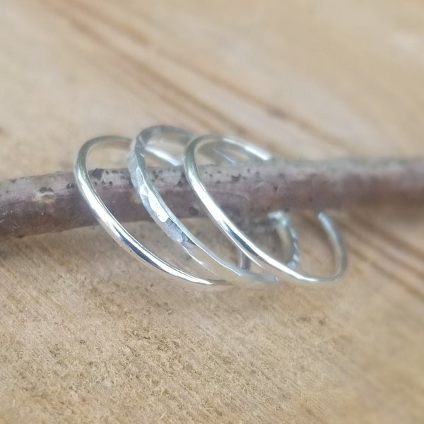 Set of Three Sterling Silver Mixed Stacking Rings, One Hammer Textured and Two Smooth Stackable Rings