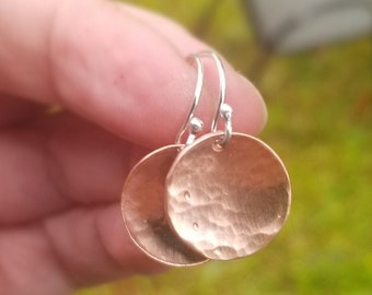 Hammered Copper Disc Earrings: Minimalist Sterling Silver Drops
